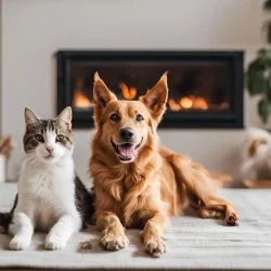 Imagem de um cão e um gato saudáveis, felizes, e brincando em um ambiente doméstico aconchegante.