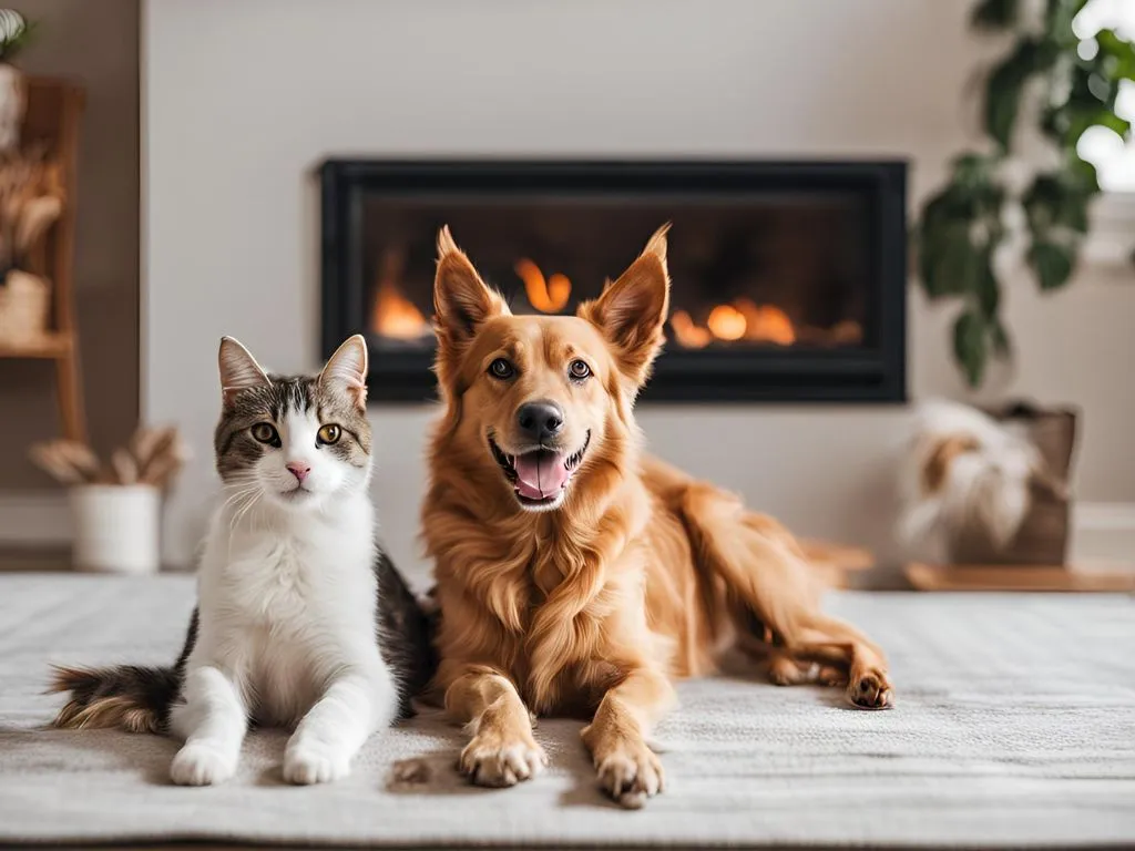 Imagem de um cão e um gato saudáveis, felizes, e brincando em um ambiente doméstico aconchegante.