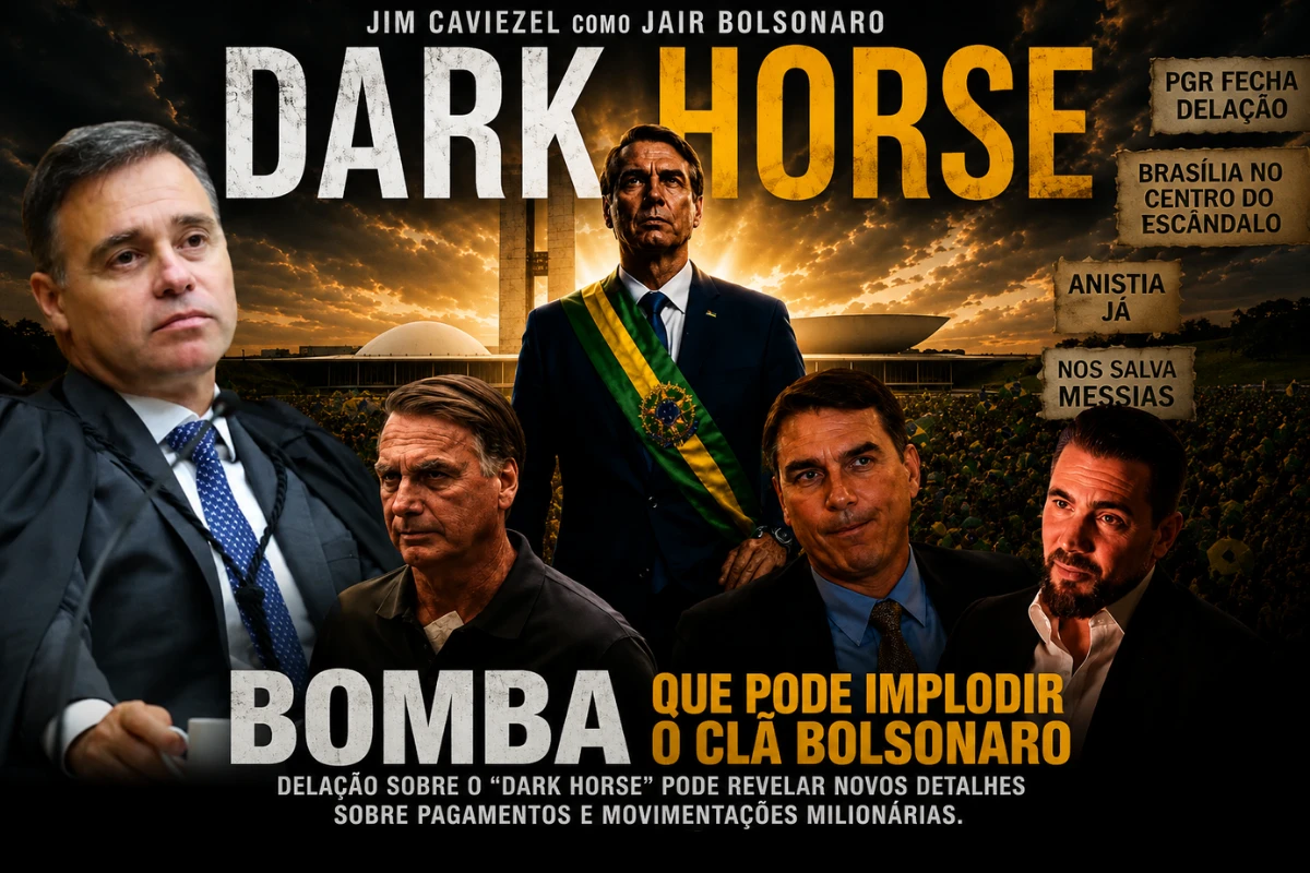 Cartaz do filme Dark Horse- Jair Bolsonaro-Flávio Bolsonaro-Daniel Vorcaro-André Mendonça Crédito: Dark Horse-Flávio Bolsonaro-Jair Bolsonaro (Foto: Divulgação/Jair Bolsonaro/Fabio Rodrigues-Pozzebom/Agência Brasil/Flávio Bolsonaro/Adriano Machado/Reuters/Daniel Vorcaro/Reprodução/André Mendonça/Gustavo Moreno/STF/Montagem/IA Dall-E)